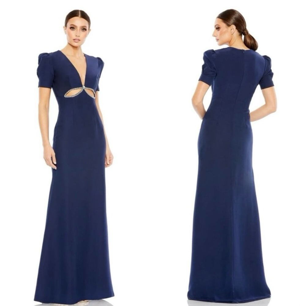 Mac Duggal Navy Puff Sleeve Embellished Cutout Evening Gown Dress NWT 🌴